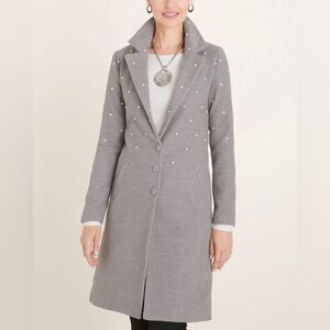 NWT Chico’s faux pearl embellished gray tailored midi coat, 16/18/XL